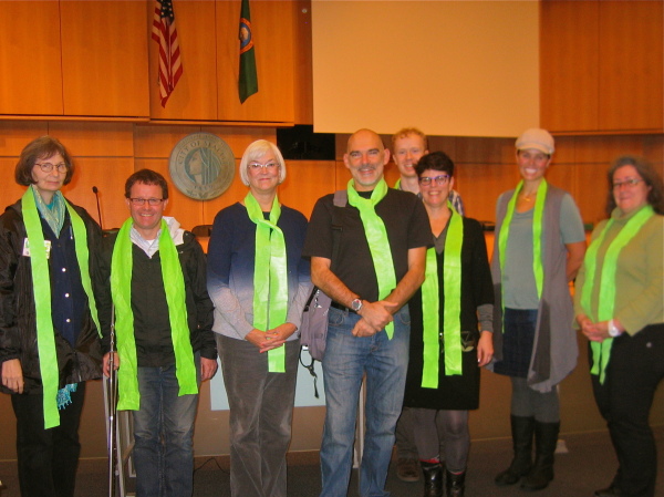 From left to right:  Kari Olson, John O'Neil, Julee Neuhart and Lionel Job, four Montlake residents,were among the speakers at a City Council hearing requesting safety improvement for walkers and bikers in our neighborhood. 